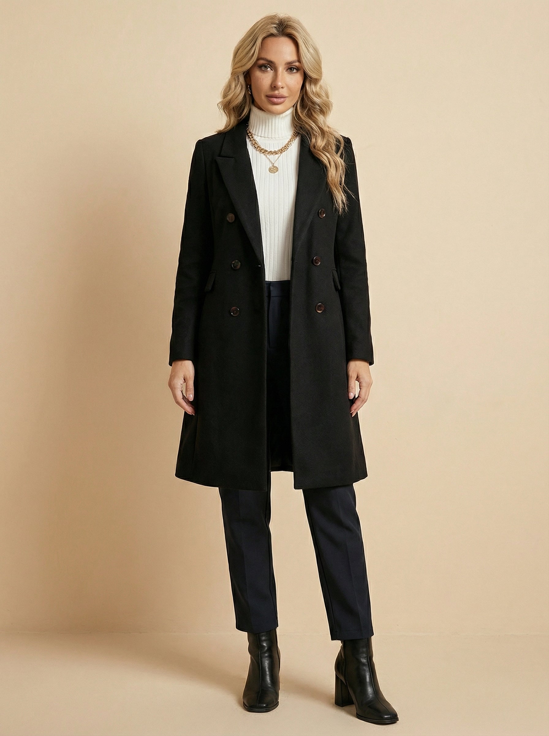 Women’s Double-Breasted Mid-Length Coat – Tailored Lapel & Waist-Defining Fit