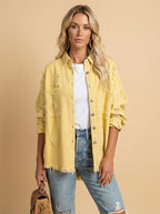 Women’s Washed Denim Overshirt Jacket – Frayed Hem, Chest Pockets &Relaxed Retro Fit