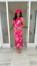 Maribel 3D Floral Midi Dress – Pink