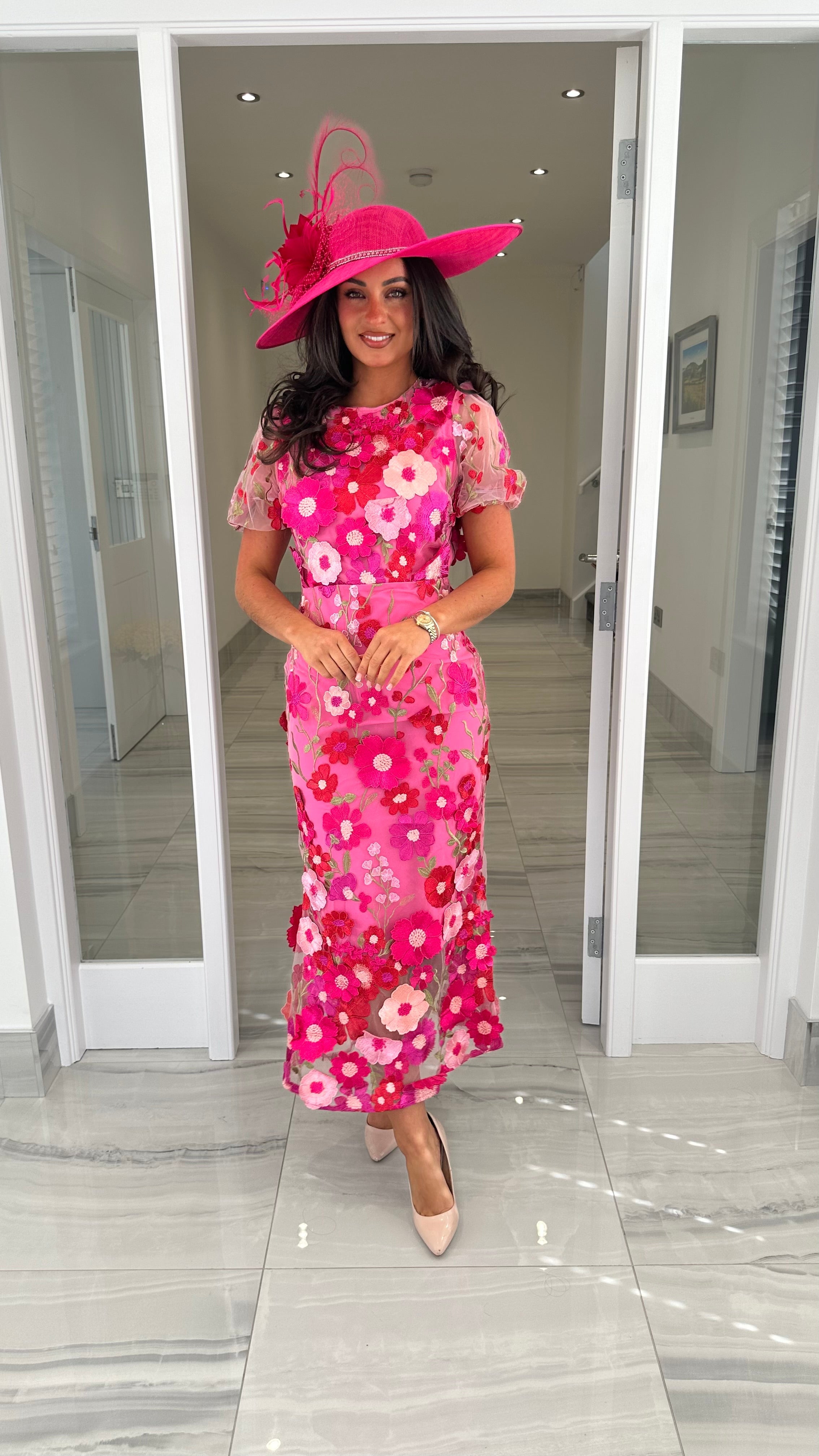 Maribel 3D Floral Midi Dress – Pink