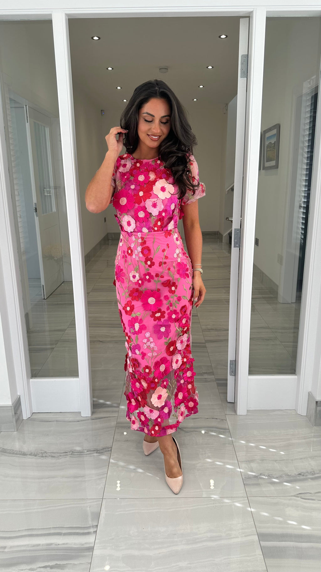 Maribel 3D Floral Midi Dress – Pink