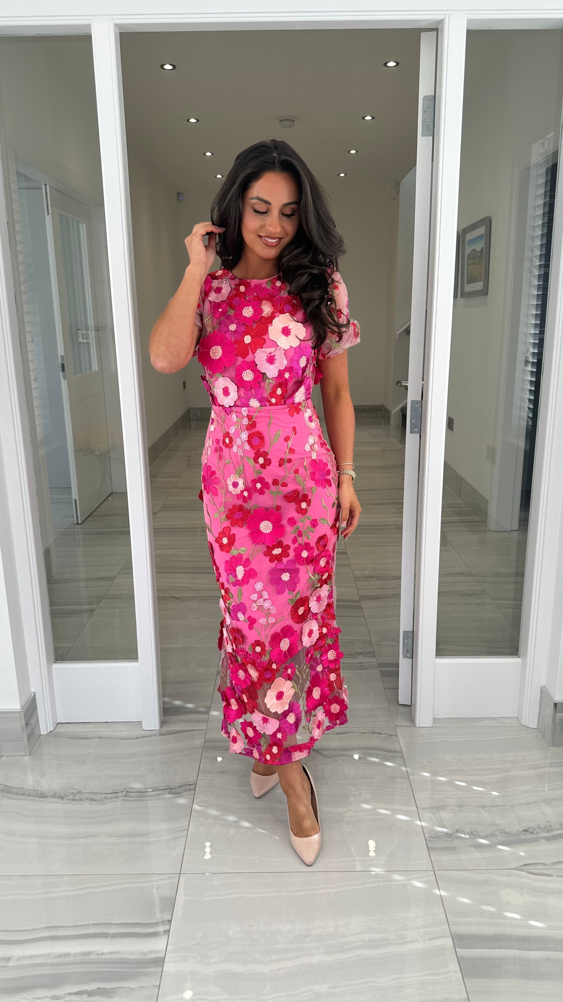 Maribel 3D Floral Midi Dress – Pink