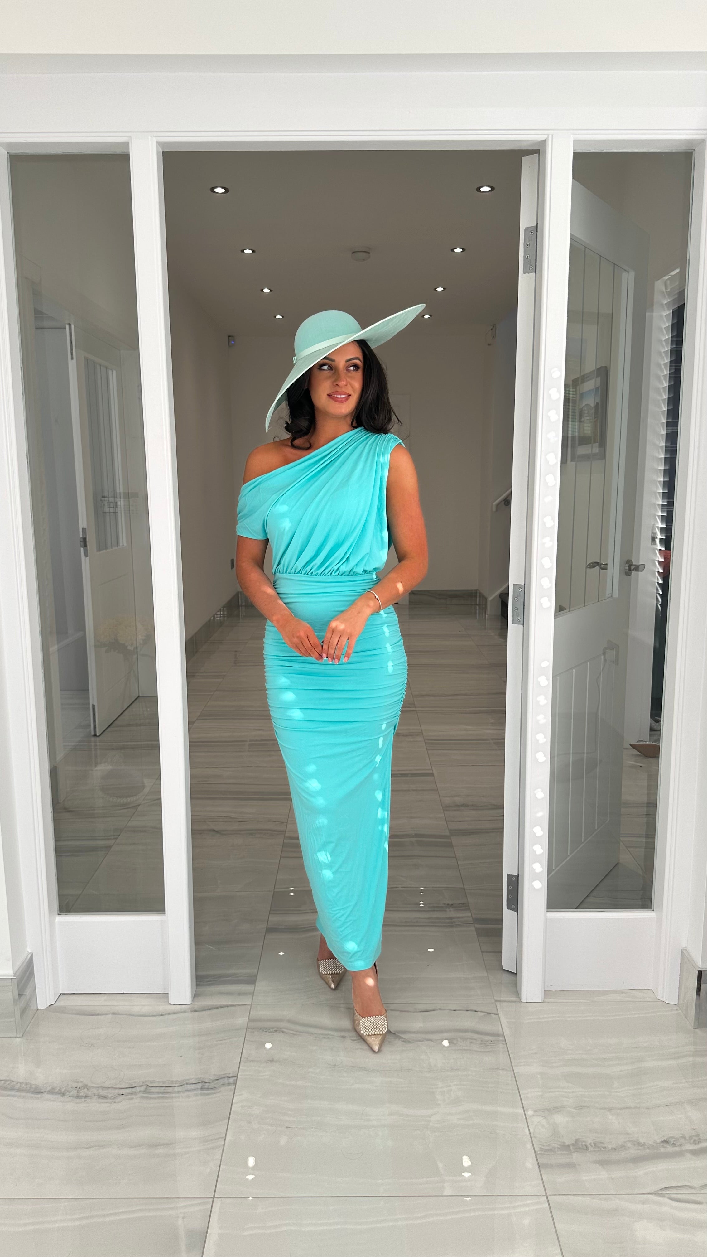 Elena Ruched Off-Shoulder Dress – Aqua