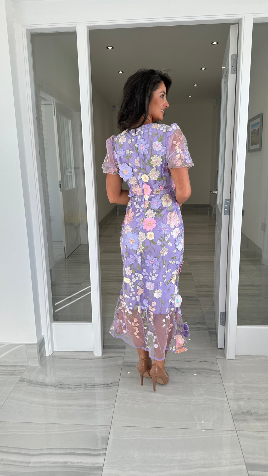 Maribel 3D Floral Midi Dress – Lilac