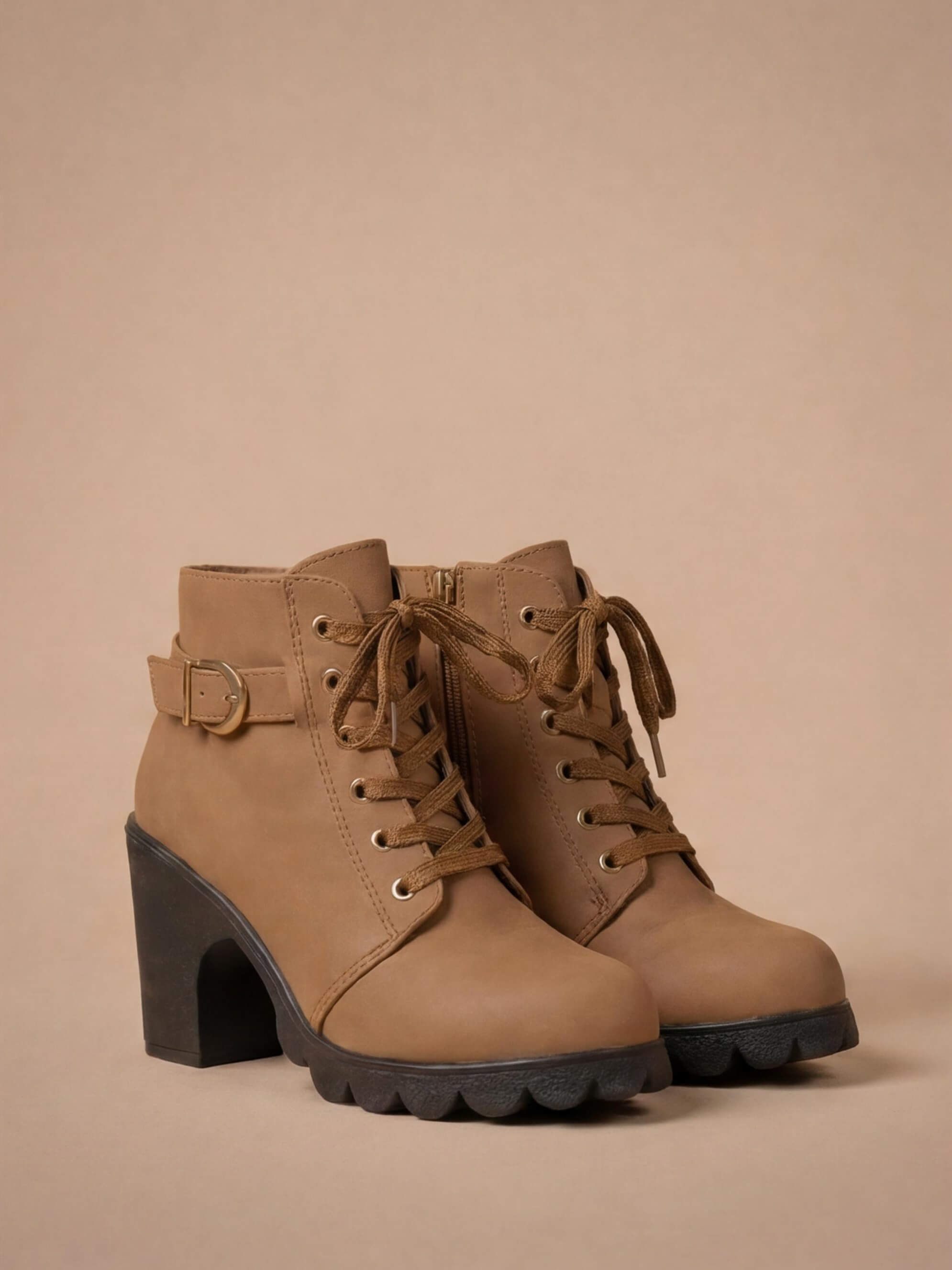 Women’s Mid-Heel Ankle Boots –  Side Zipper & Buckle Detail