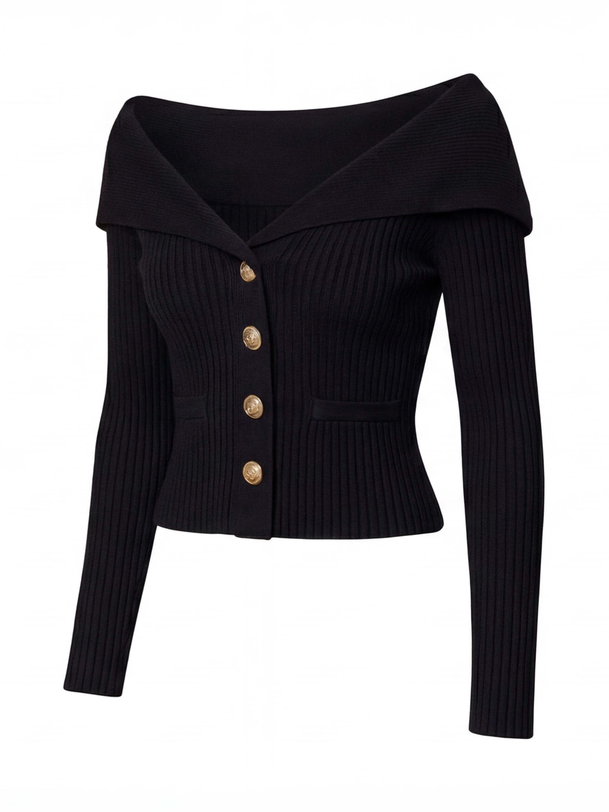 Elegant off-the-shoulder women’s cardigan with gold buttons