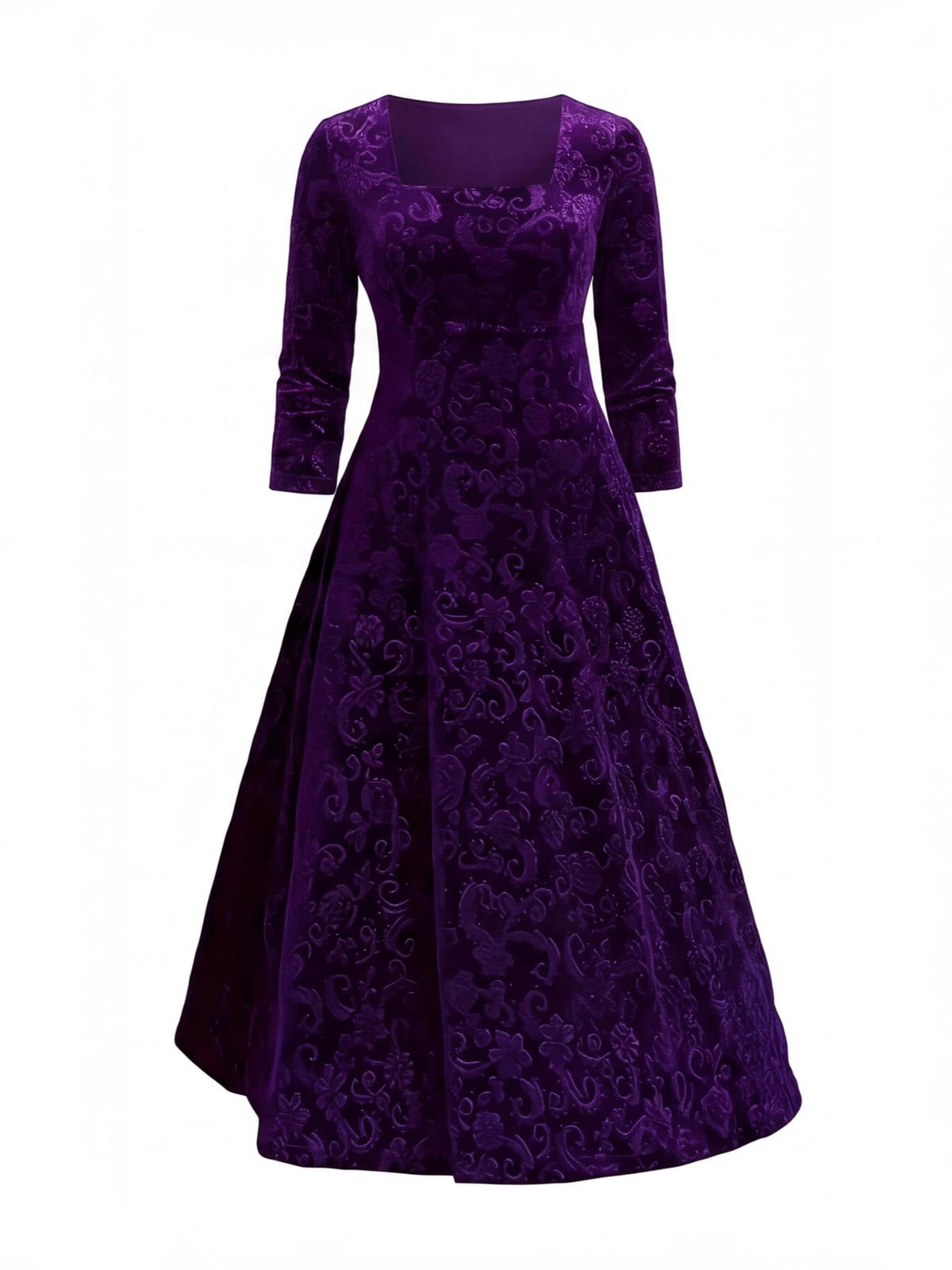 Women’s Embroidered Velvet-Look Square Neck Midi Dress