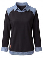 Women’s Denim Collar Detail Long-Sleeve Knit Top