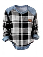 Women’s Plaid Denim-Trim Long-Sleeve Top