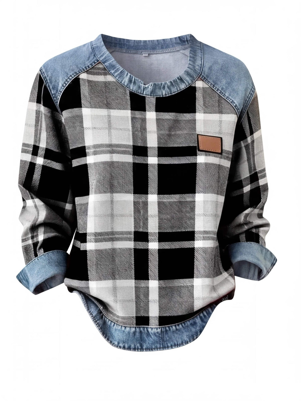 Women’s Plaid Denim-Trim Long-Sleeve Top