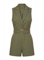 Sleeveless Plunging V-Neck Belted Romper