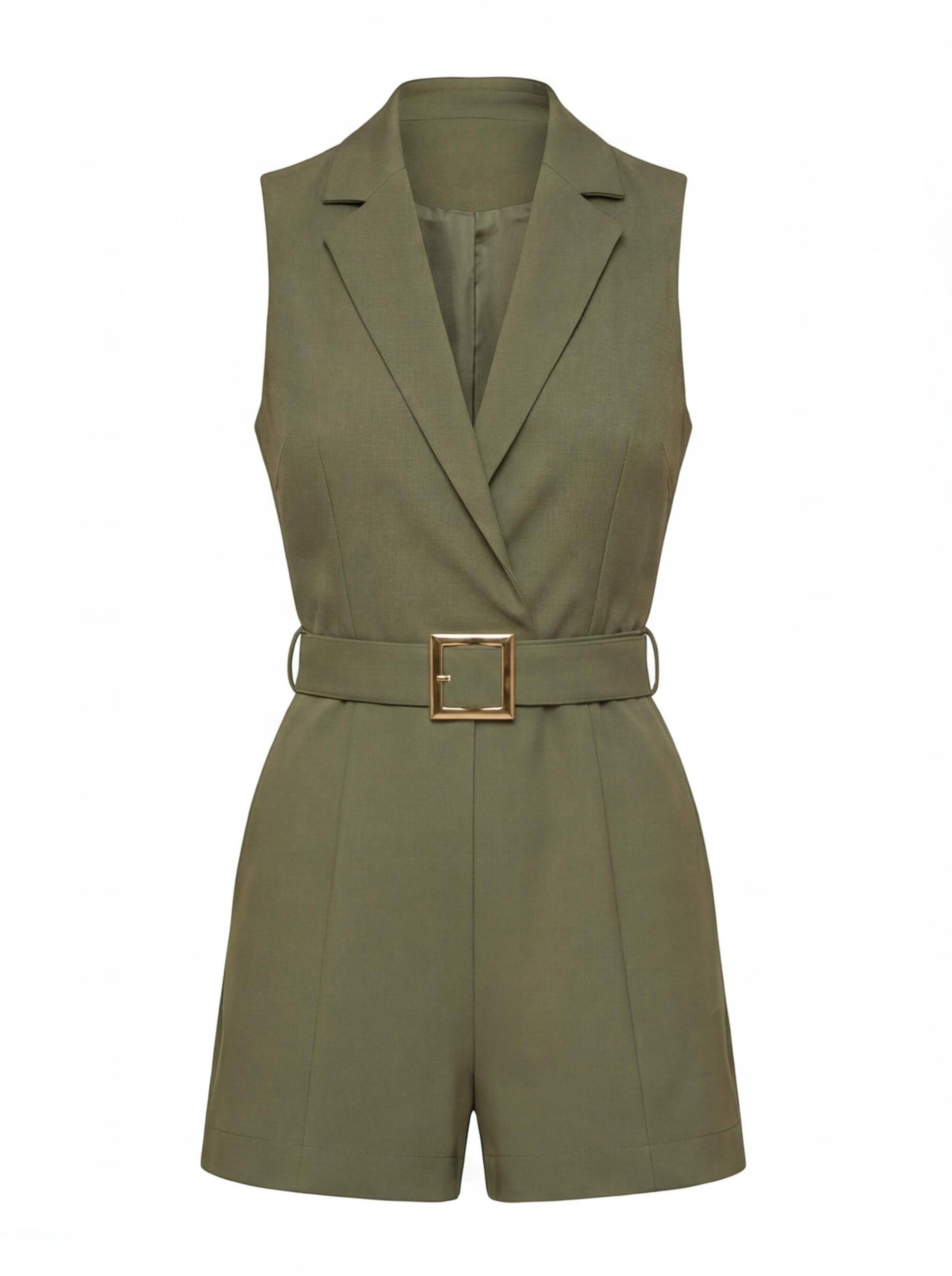 Sleeveless Plunging V-Neck Belted Romper