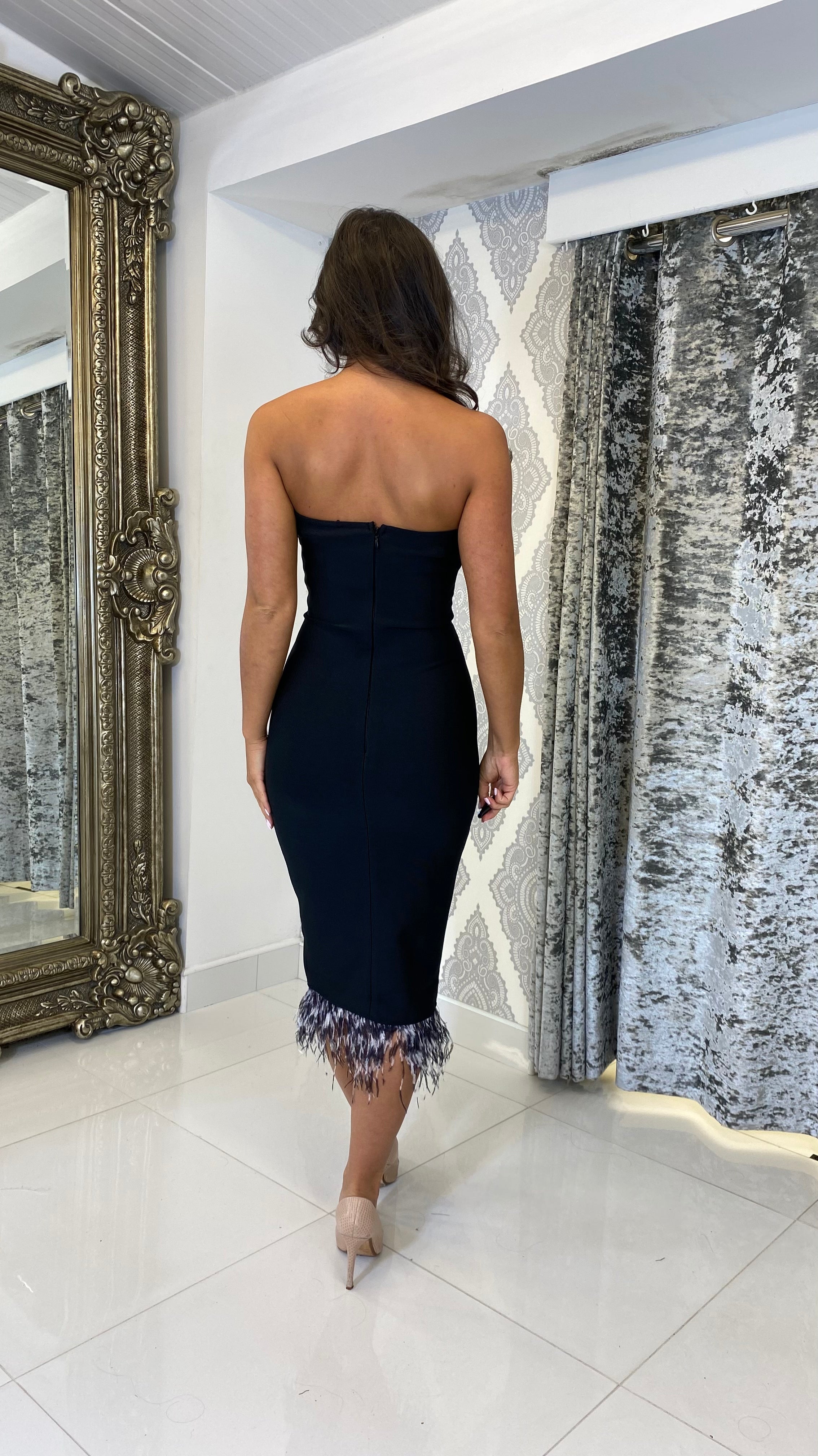 Valeria Feather Hem Bandage Dress – Black