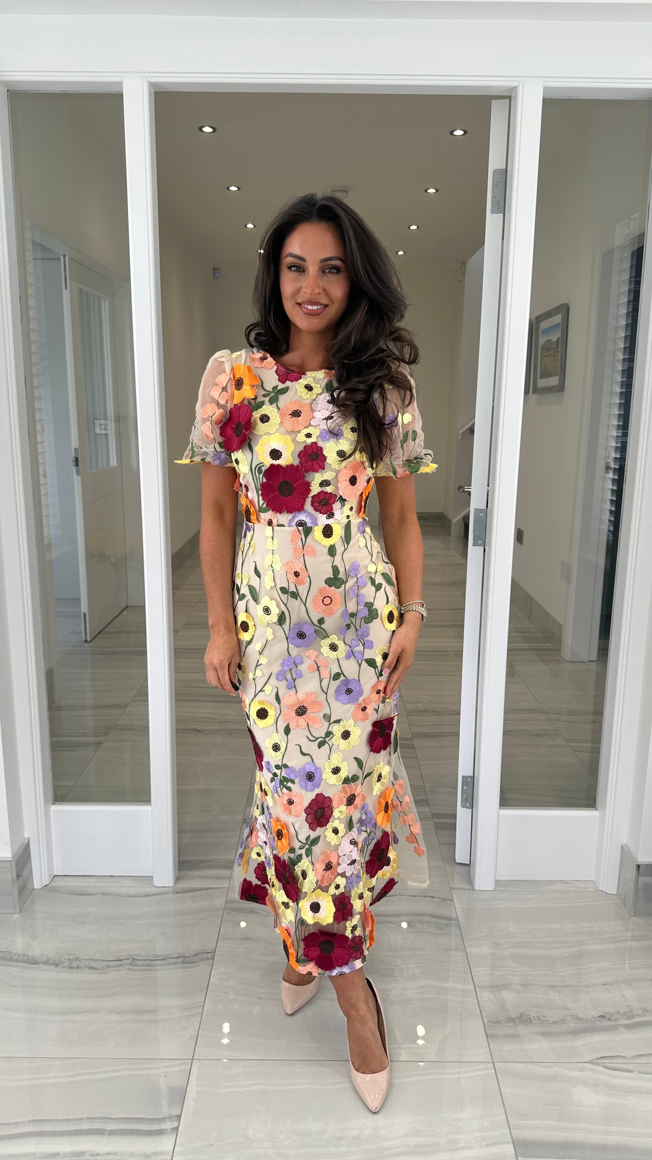 Maribel 3D Floral Midi Dress – Beige