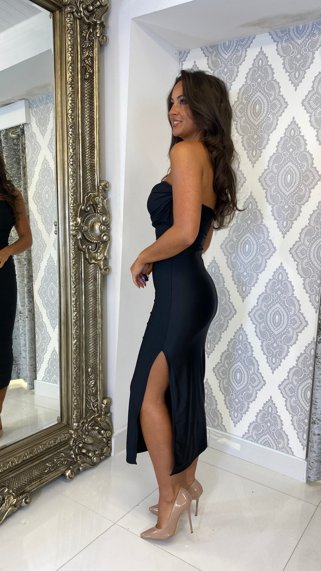 Camila Satin Bandeau Dress – Black