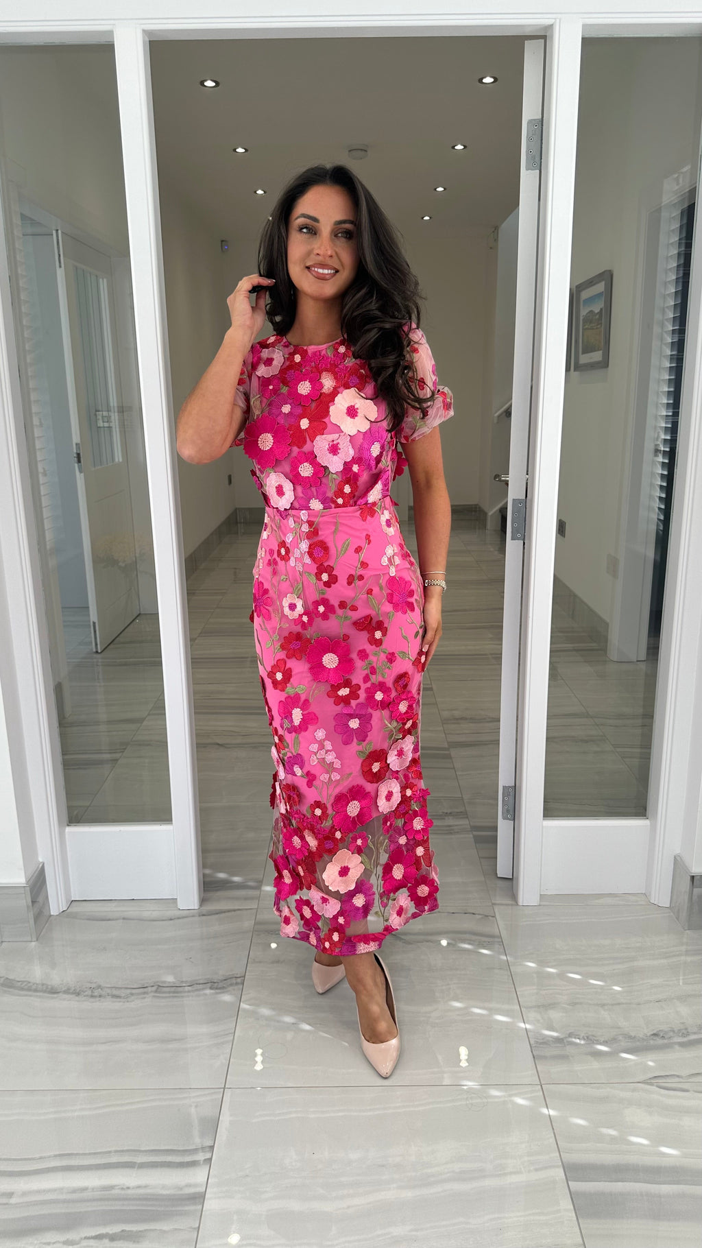 Maribel 3D Floral Midi Dress – Pink