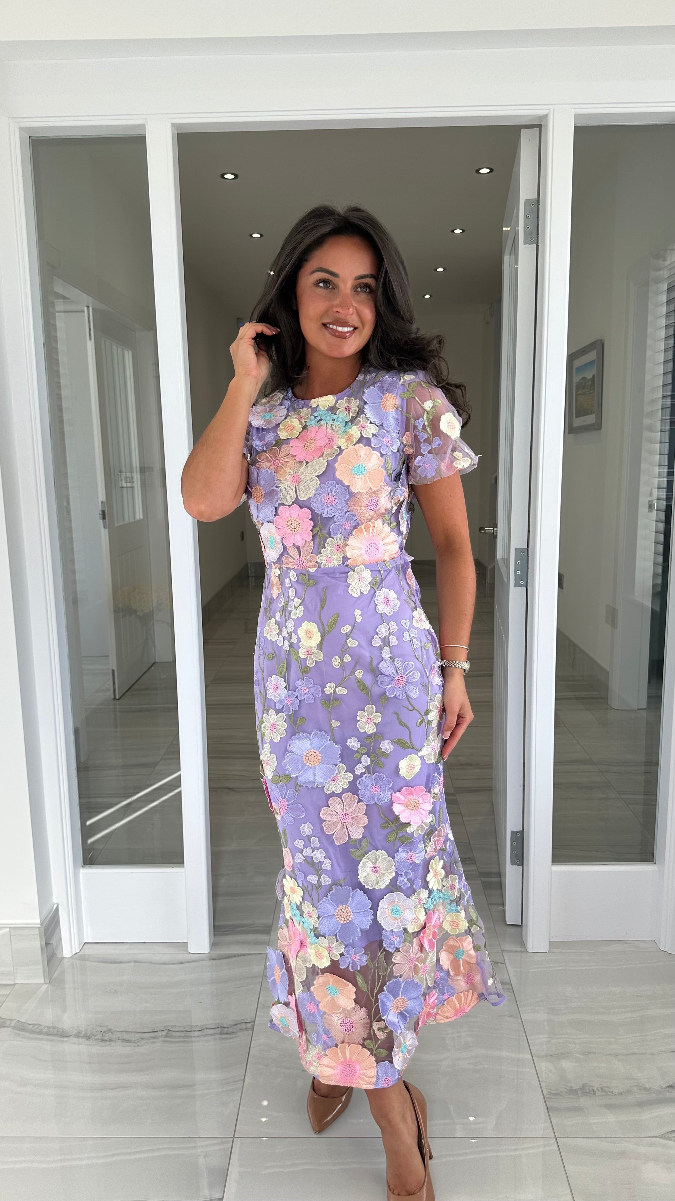 Maribel 3D Floral Midi Dress – Lilac