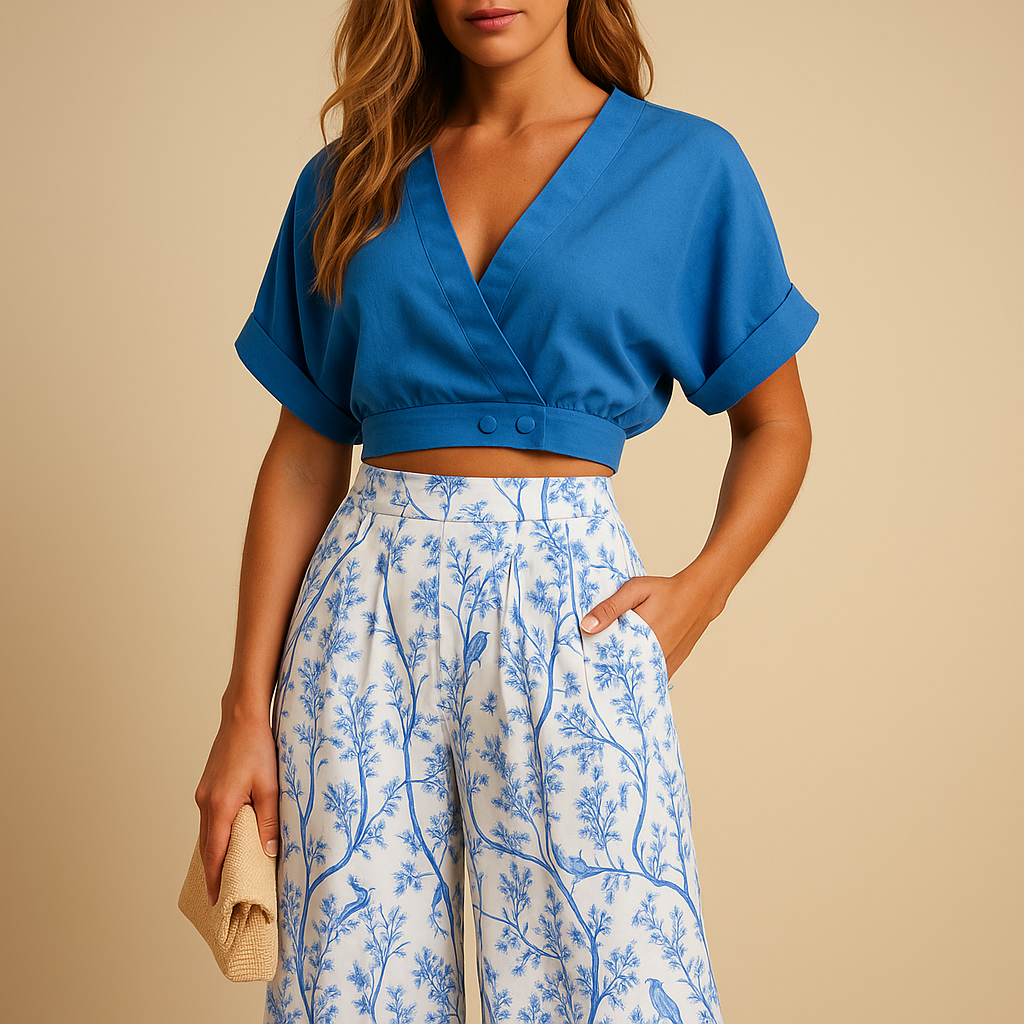 Women’s Set – Floral Print Top & Wide-Leg Summer Trousers