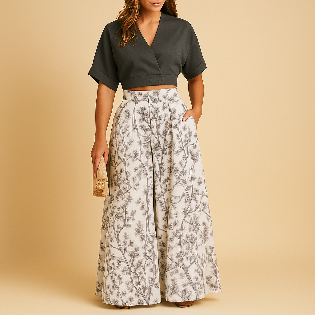 Women’s Set – Floral Print Top & Wide-Leg Summer Trousers