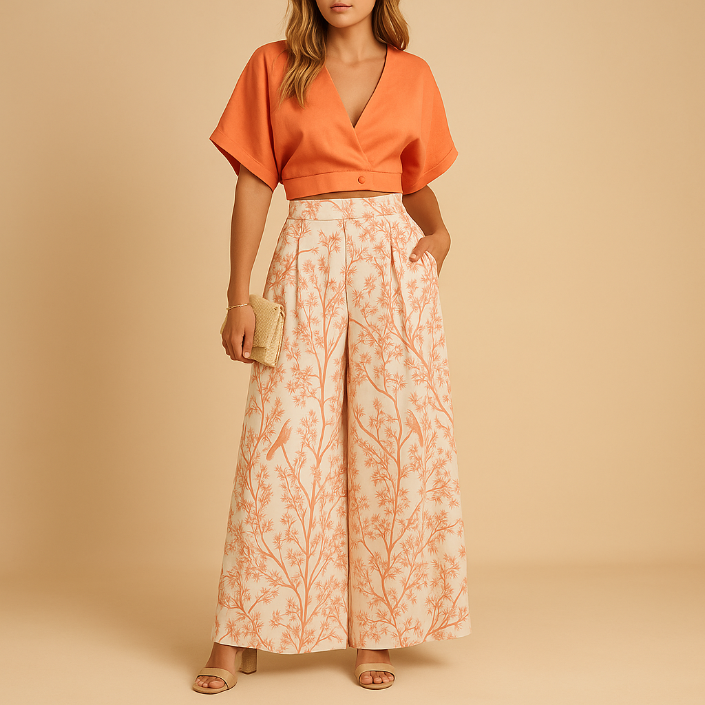 Women’s Set – Floral Print Top & Wide-Leg Summer Trousers