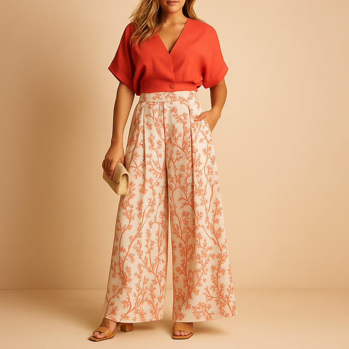 Women’s Set – Floral Print Top & Wide-Leg Summer Trousers