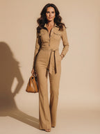 Women’s Camel Tailored Zip-Front Jumpsuit – Modern Power & Refined Elegance
