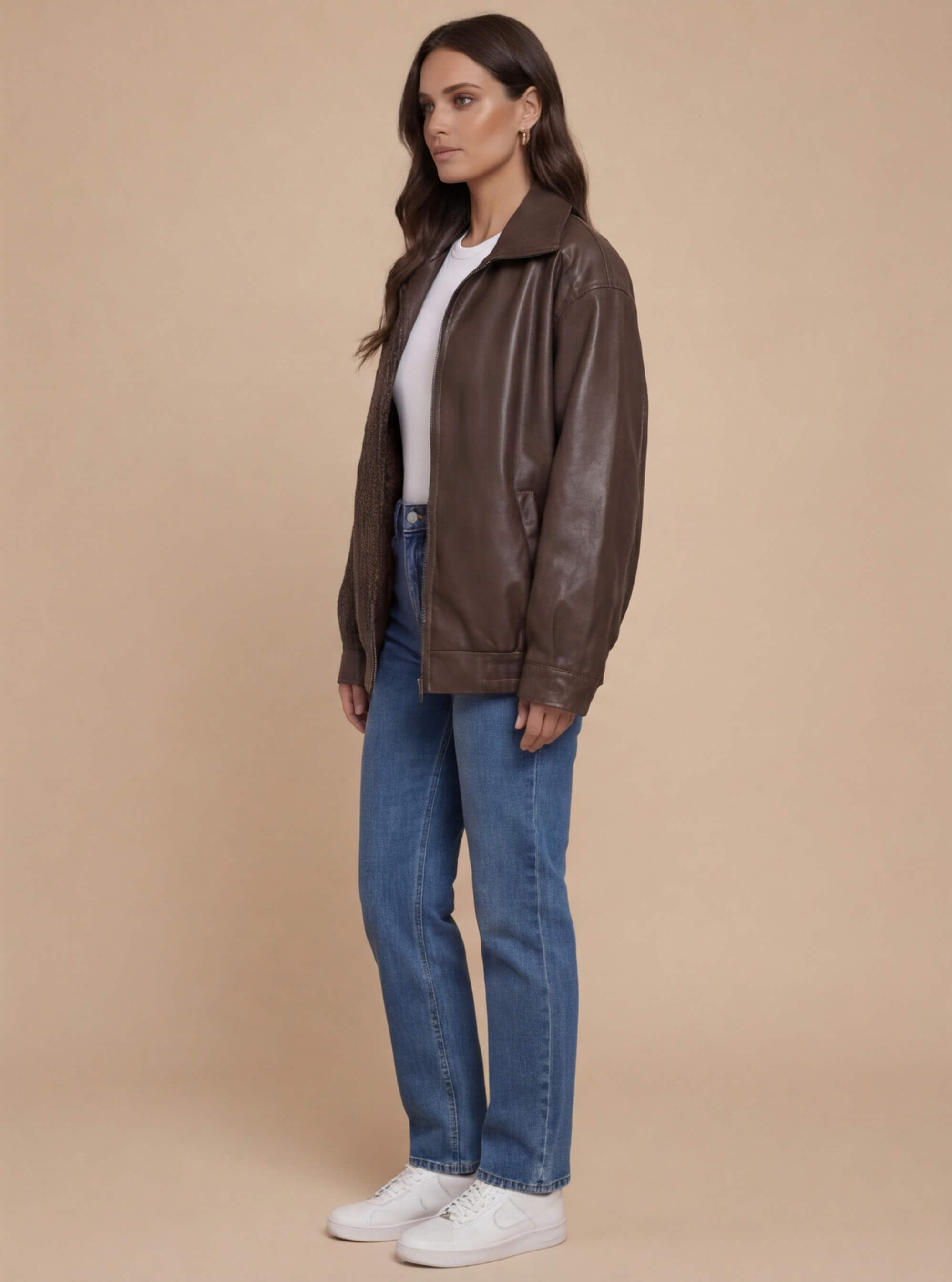 Women’s Oversized Leather Jacket – Loose PU Bomber Jacket in Streetstyle Look