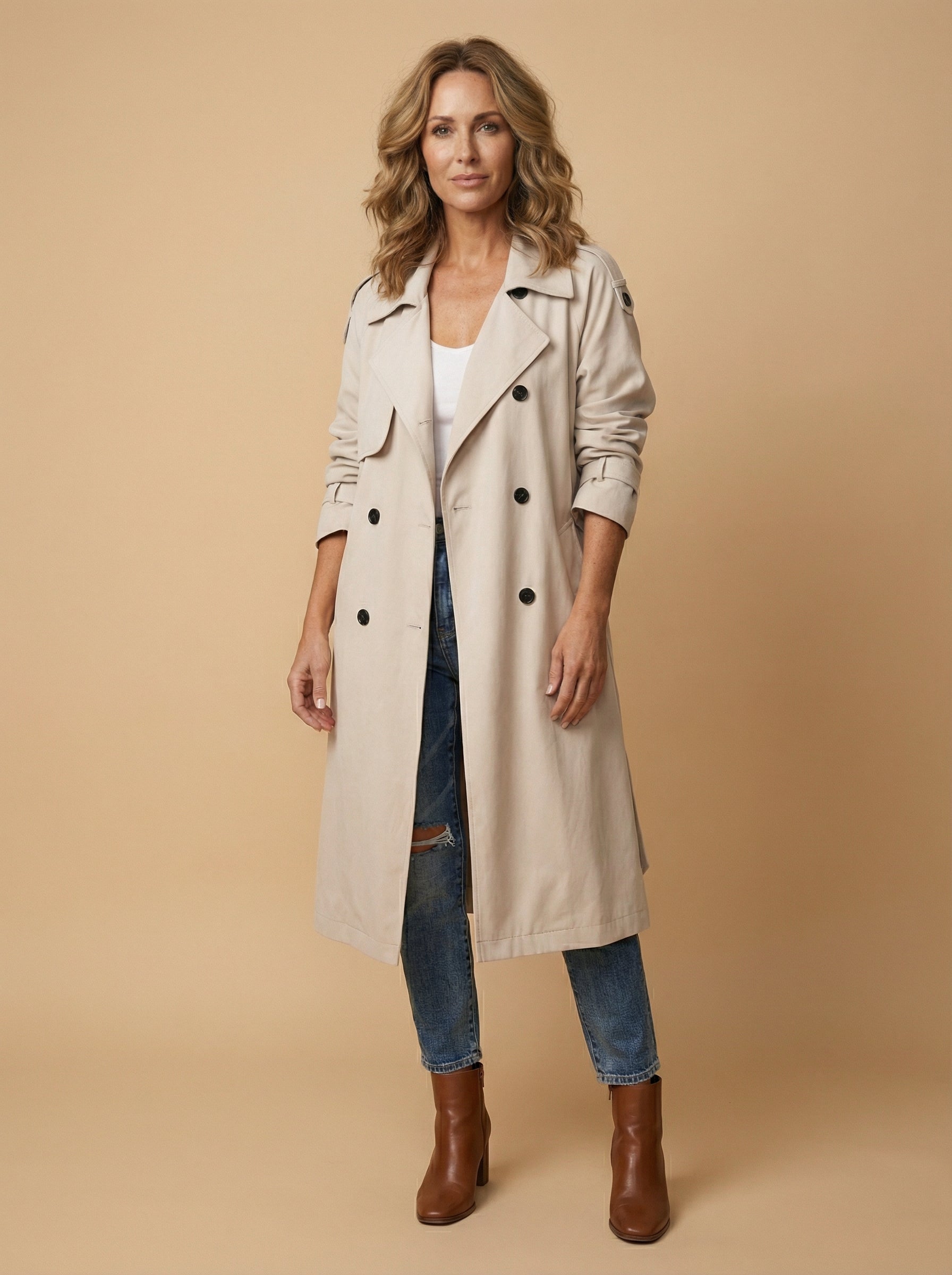 Women’s Long Trench Coat – Belted Waist & Water-Repellent Finish