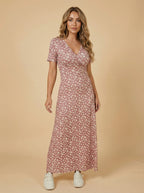 Elegant Women’s Floral V-Neck Dress – Smocked Bodice & High-Stretch Comfort