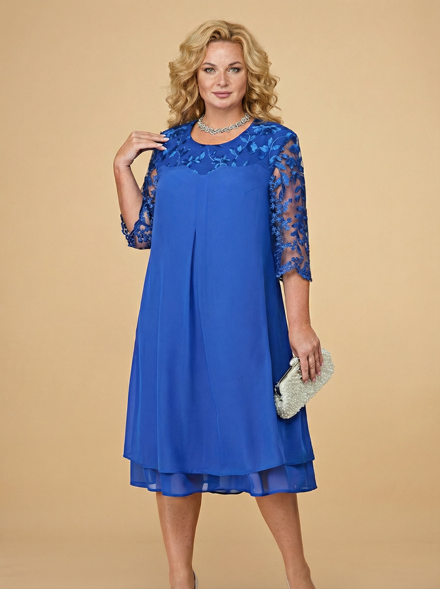 Plus Size Women’s Elegant Chiffon Dress – Embroidered Lace Yoke & Flowing Layered Hem