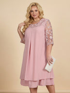 Plus Size Women’s Elegant Chiffon Dress – Embroidered Lace Yoke & Flowing Layered Hem