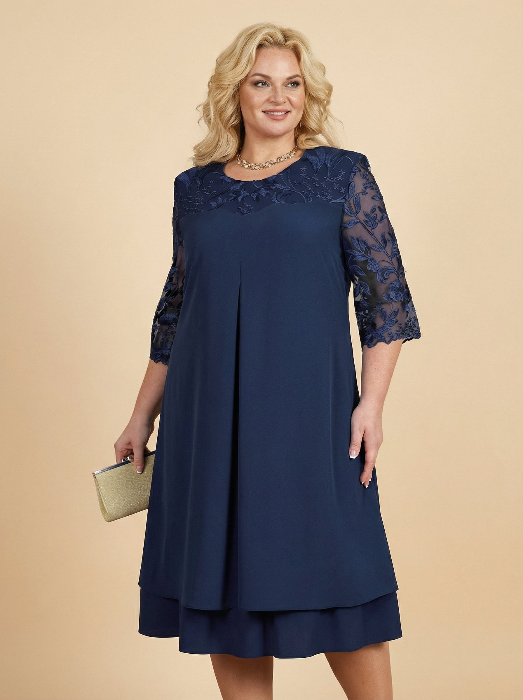 Plus Size Women’s Elegant Chiffon Dress – Embroidered Lace Yoke & Flowing Layered Hem