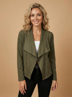 Women’s Elegant Faux Suede Jacket – Waterfall Lapel & Open-Front Layering