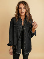 Women’s Washed Denim Jacket – Frayed Hem & Relaxed Street Style Fit