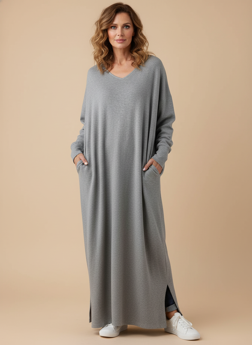 Women’s Minimalist Maxi Dress – Relaxed Fit with V-Neck