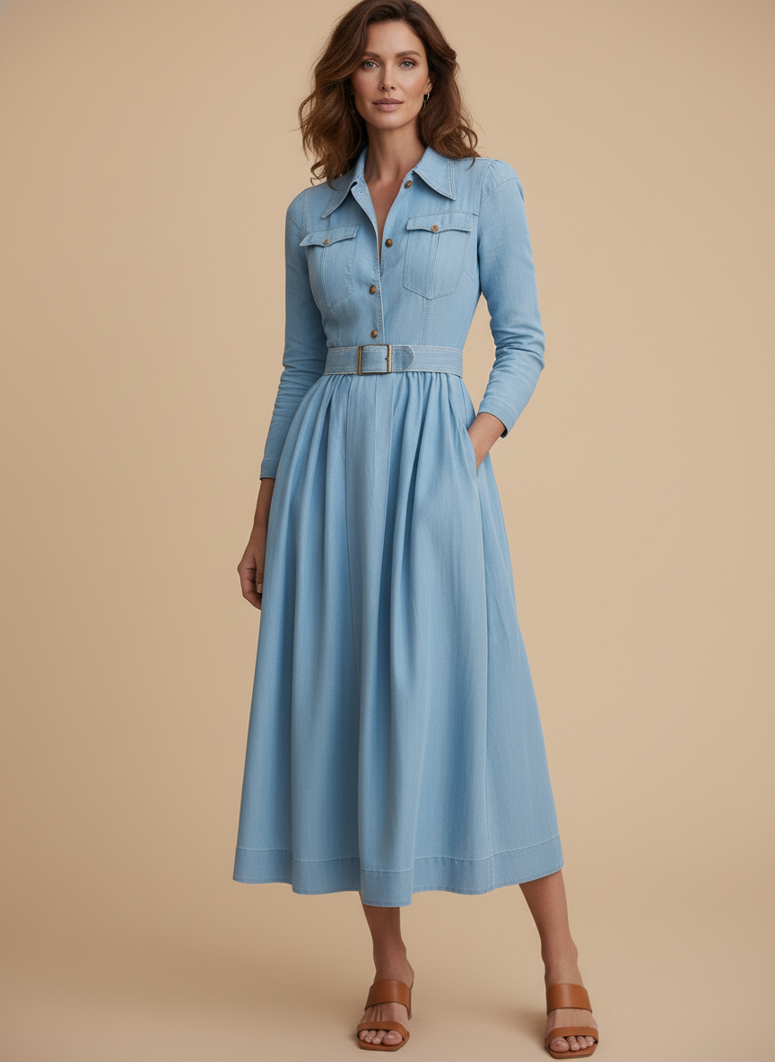 Women’s Belted Denim Shirt Dress – Timeless & Everyday Chic