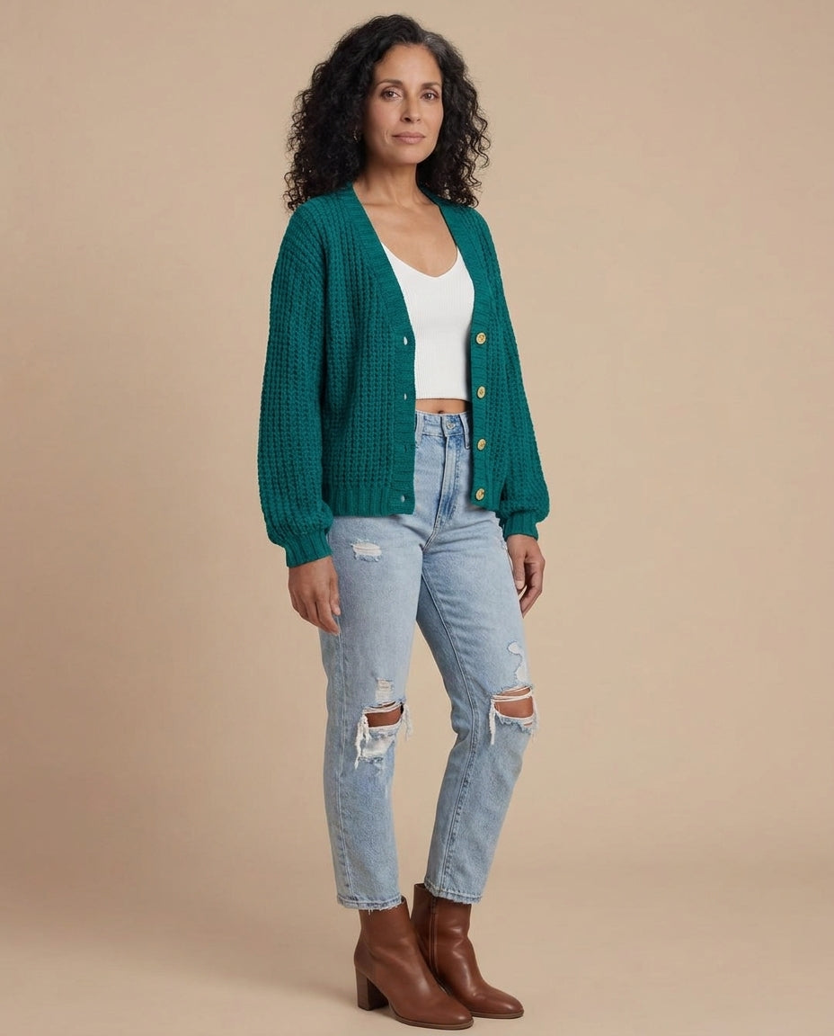 Women’s Elegant Knit Cardigan – Soft V-Neck & Mid-Stretch Comfort