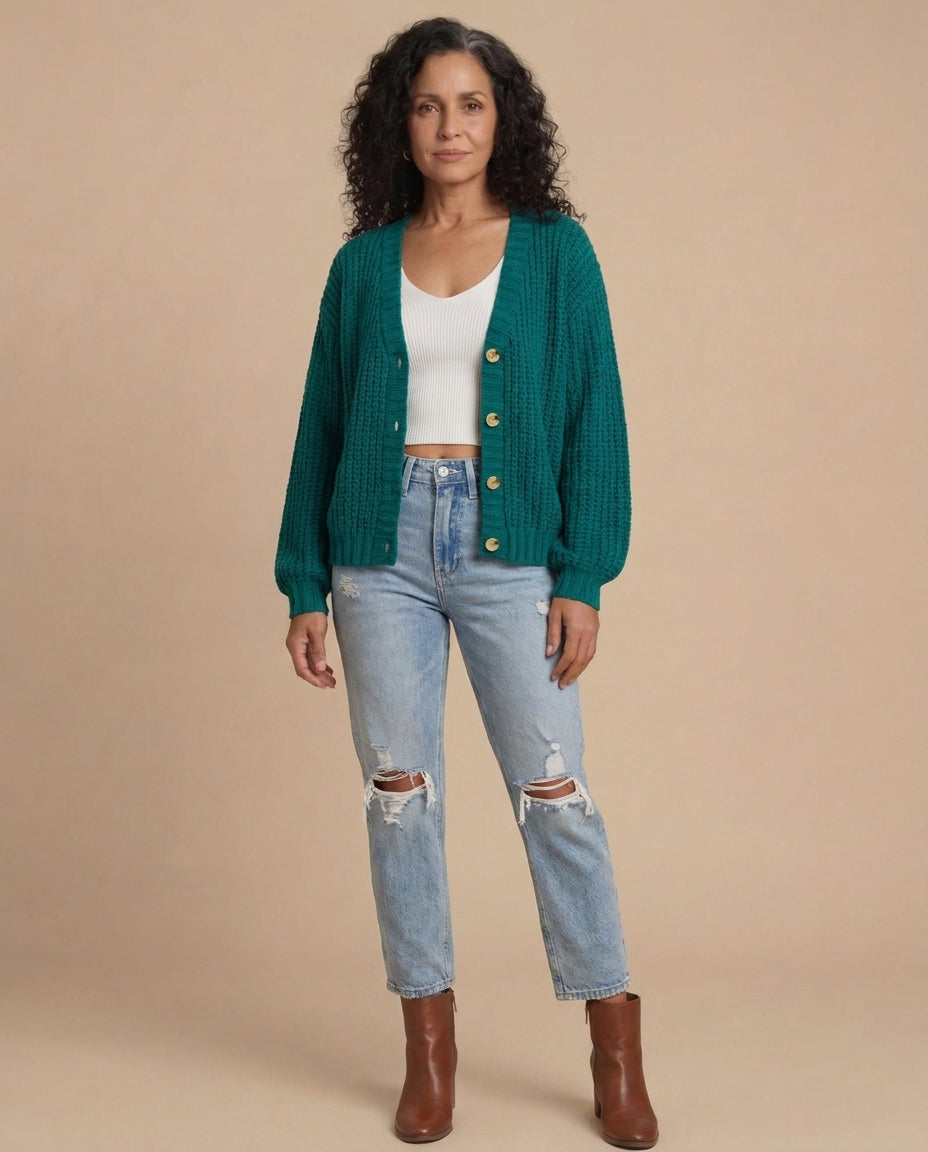 Women’s Elegant Knit Cardigan – Soft V-Neck & Mid-Stretch Comfort