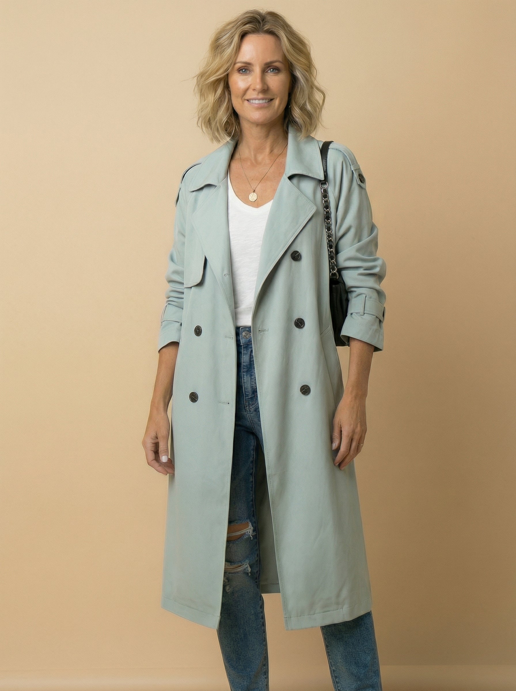 Women’s Long Trench Coat – Belted Waist & Water-Repellent Finish