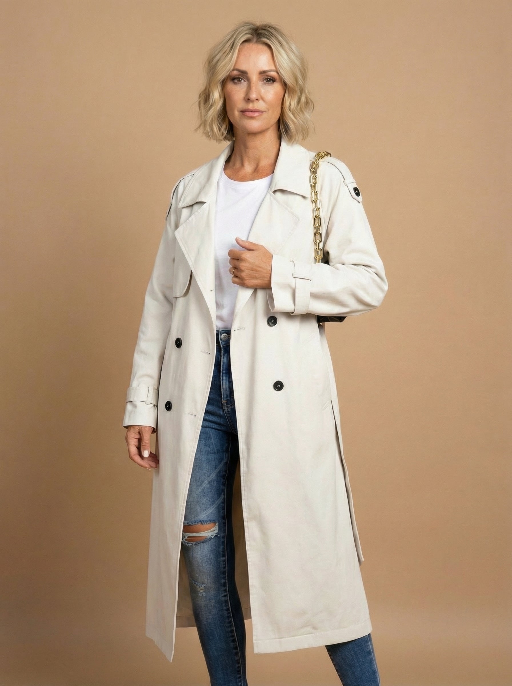 Women’s Long Trench Coat – Belted Waist & Water-Repellent Finish