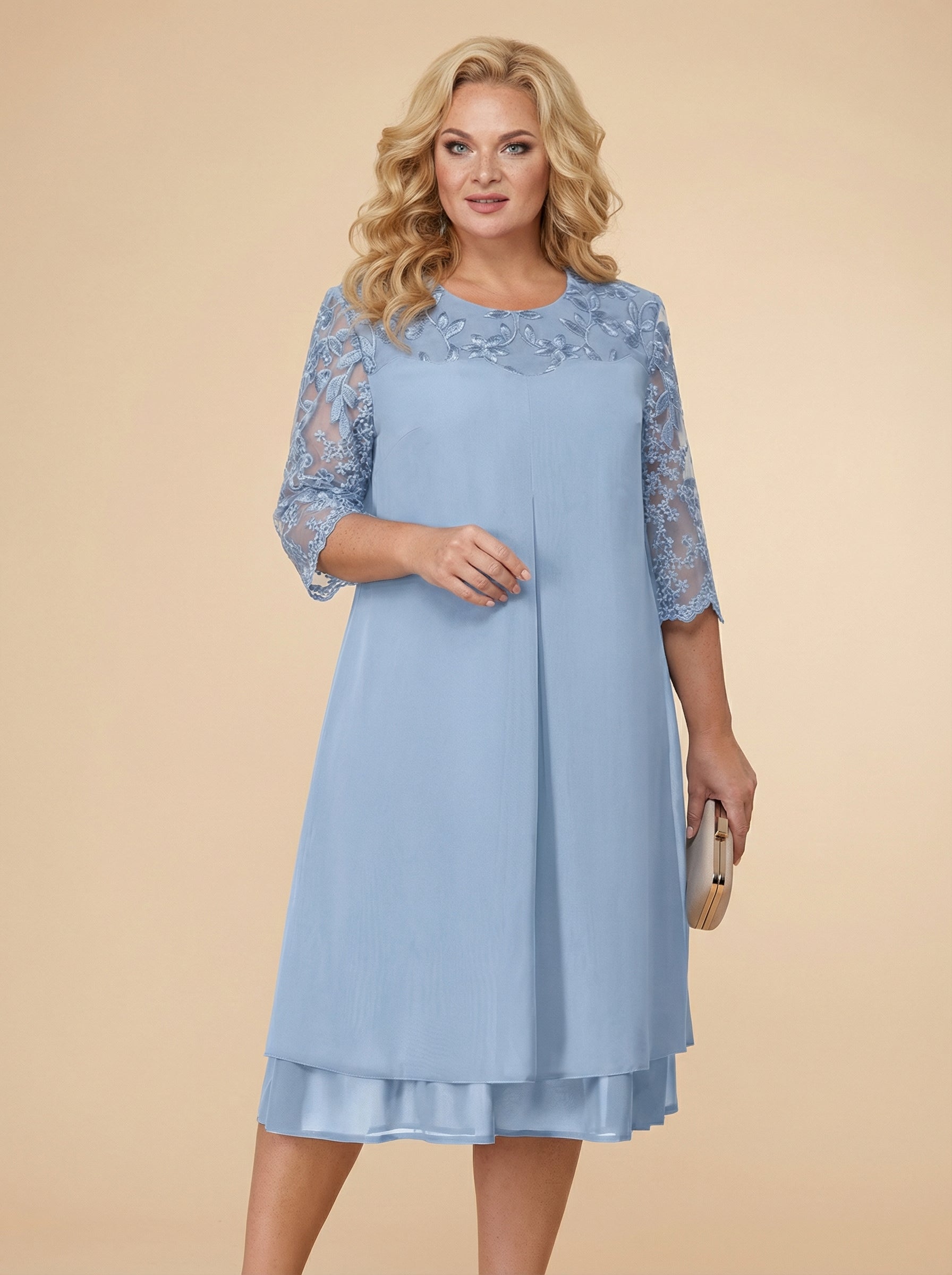 Plus Size Women’s Elegant Chiffon Dress – Embroidered Lace Yoke & Flowing Layered Hem