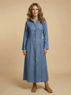Women’s Elegant Button-Front Maxi Dress – Classic Lapel Collar & Flowing Silhouette