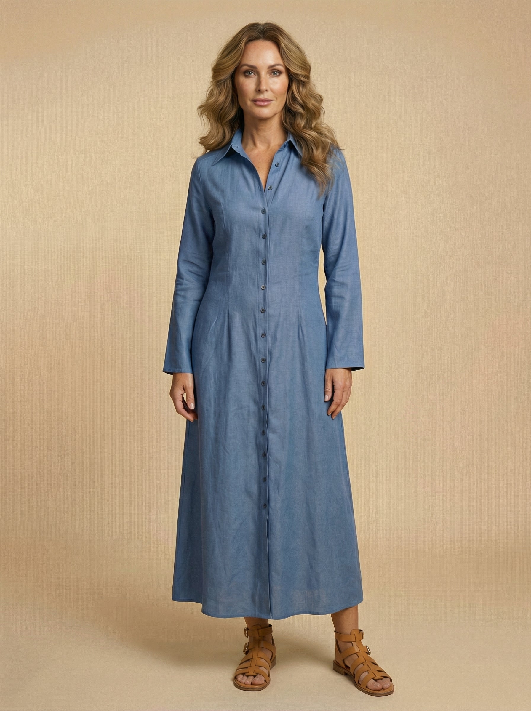 Women’s Elegant Button-Front Maxi Dress – Classic Lapel Collar & Flowing Silhouette