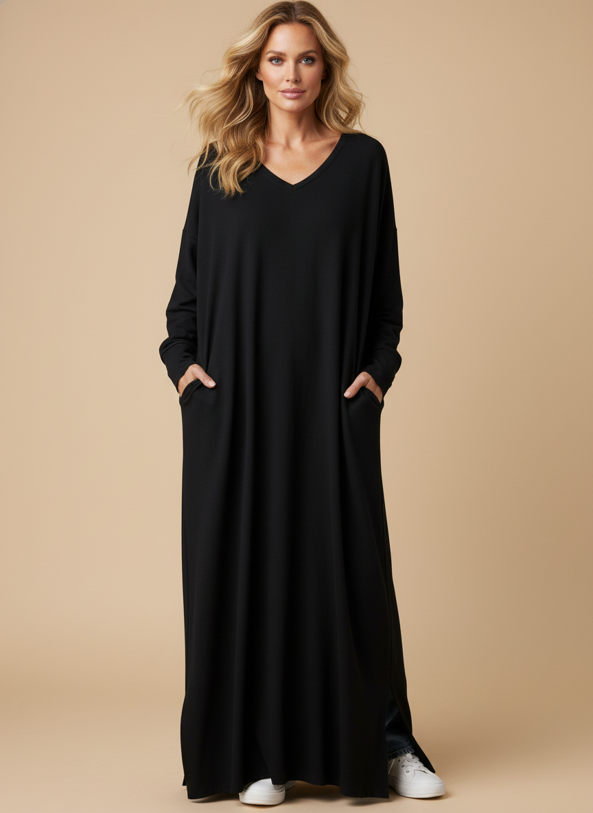 Women’s Minimalist Maxi Dress – Relaxed Fit with V-Neck