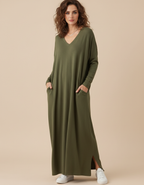 Women’s Minimalist Maxi Dress – Relaxed Fit with V-Neck