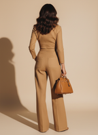 Women’s Camel Tailored Zip-Front Jumpsuit – Modern Power & Refined Elegance