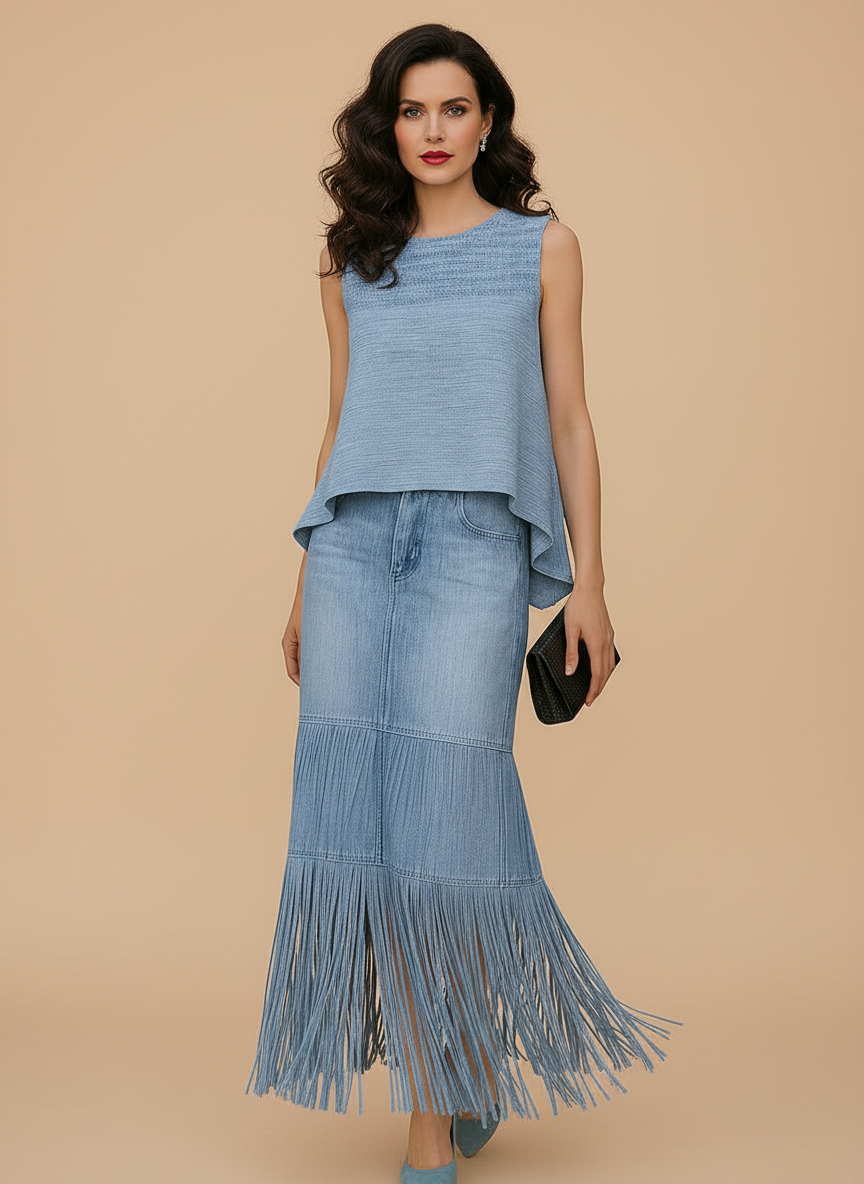 Women’s Denim Two-Piece Set with Asymmetrical Top & Fringed Skirt – Modern Movement & Daytime Style