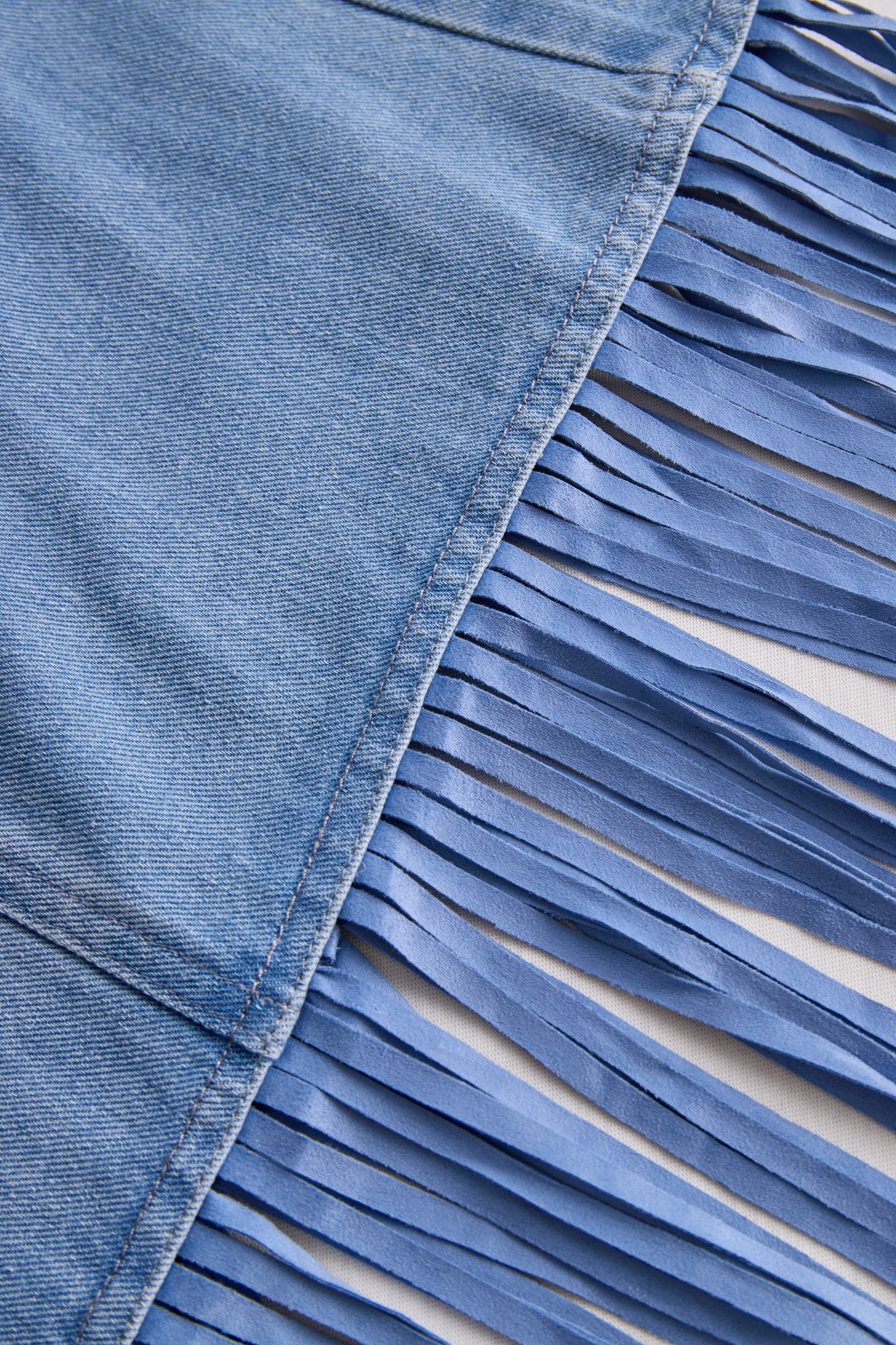 Women’s Denim Two-Piece Set with Asymmetrical Top & Fringed Skirt – Modern Movement & Daytime Style