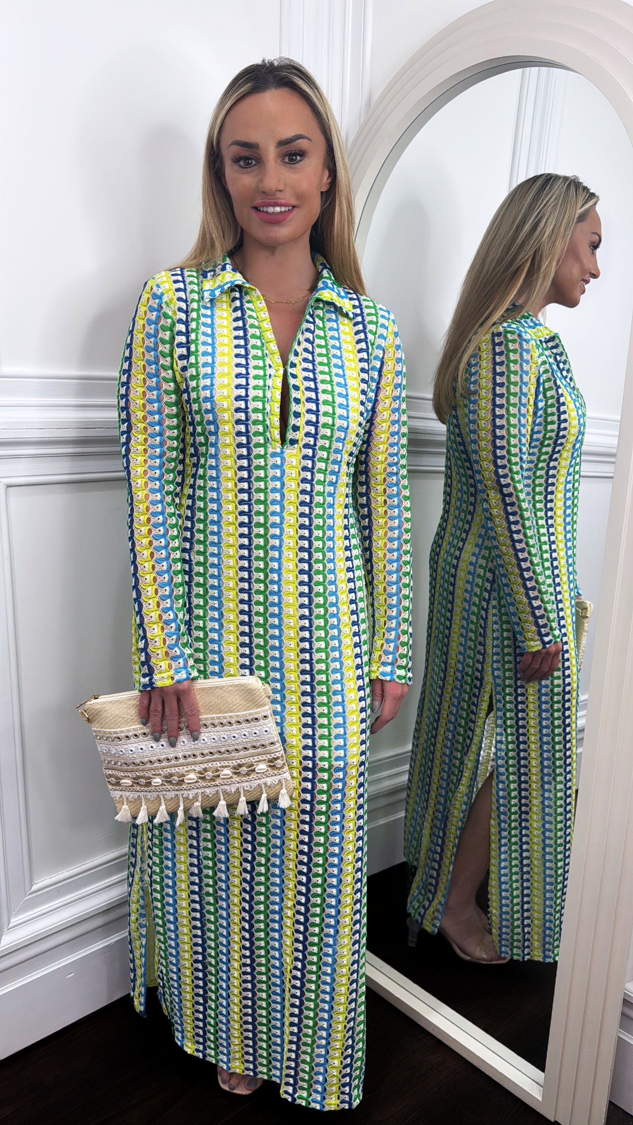 Valeria Printed Long Sleeve Midi Dress – Blue/Pink