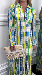 Valeria Printed Long Sleeve Midi Dress – Blue/Pink